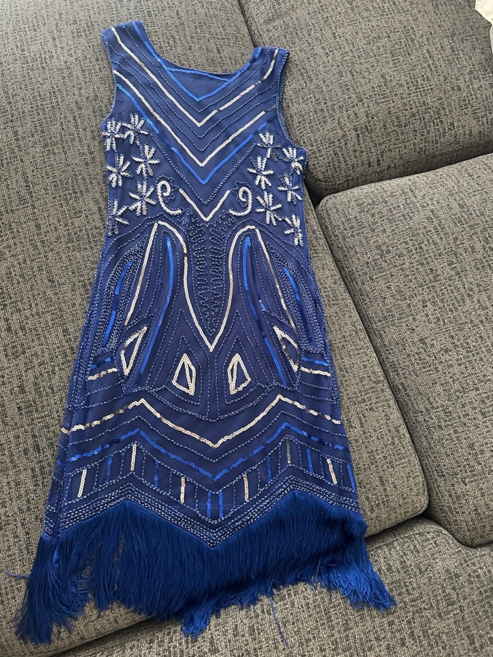 1920’s Flapper Blue Beaded Fringe Women's Dress